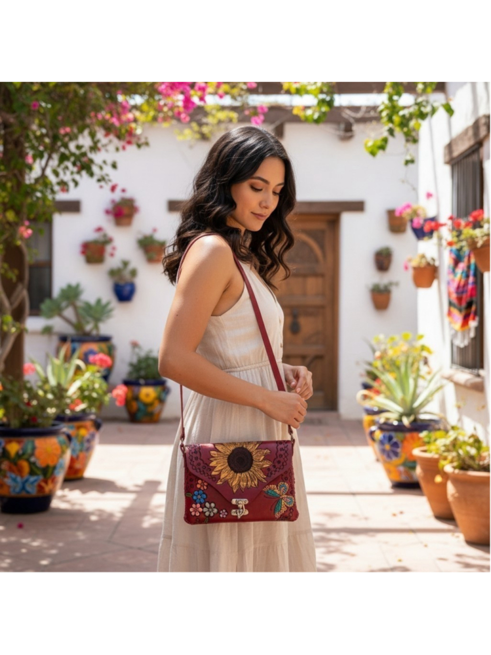 Sunflower Butterfly Red Wine Embossed Tooled Artisan LEATHER Crossbody Purse Bag - Picture 1 of 16